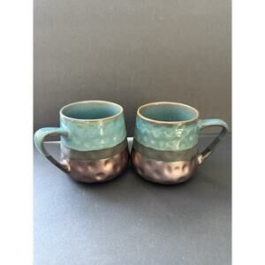 La Rochelle Mug Fire Glazed Stoneware Bronze Turquoise Pottery Set (2) Boho